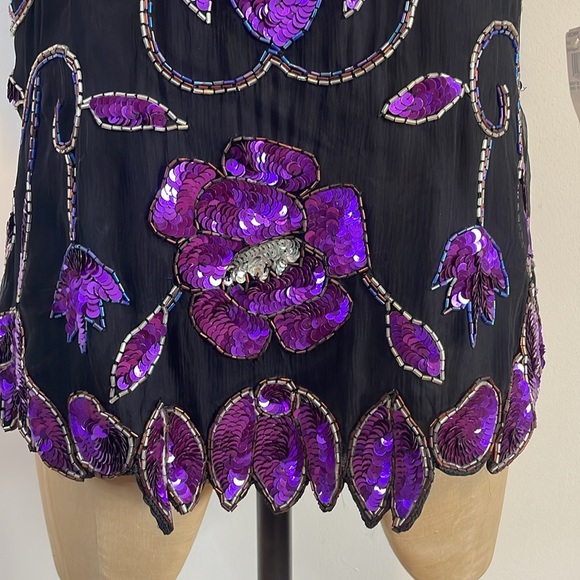VTG Sequin Floral Top Large Black Purple Evening NWT Maximalist Pappel Glam 80s - Picture 4 of 16